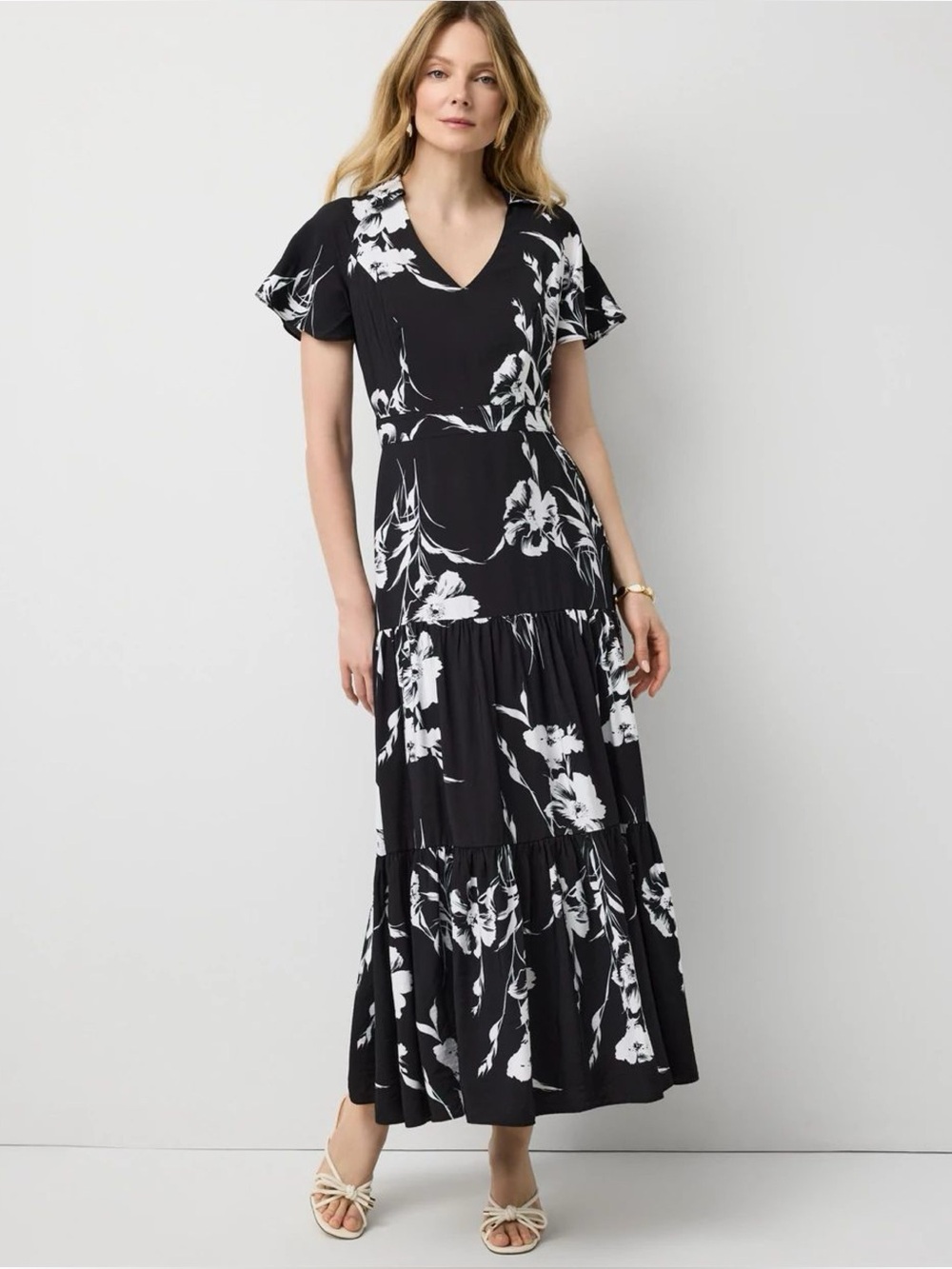 VGUC White House Black Market Black White Floral Tiered Midi Boho Dress 14